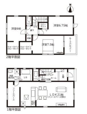 間取り図 　
全居室6帖以上。
それぞれのお部屋がゆとりのある広さを持ち、家族それぞれが快適な空間で過ごすことができます。