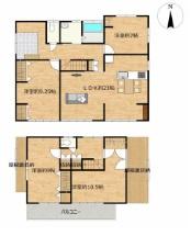 間取り図 全室6帖以上、全フローリングの4LDK、2階建て！
キッチン、洗面台、トイレ、浴室は新品にリフォーム！
敷地は約76坪、駐車スペース2台♪