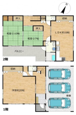 �Ԏ��} �y�����̔��z
3LDK�A2�K���āA���ԃX�y�[�X6��I
�L�b�`���A���ʏ��A���C��2�K�ɂ���܂���
�e������7���ȏ�Ƃ�Ƃ�̍L���I